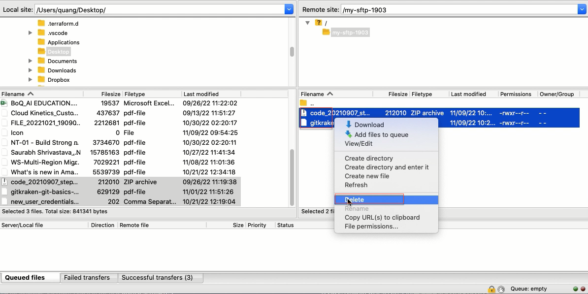 del file from filezilla SFTP